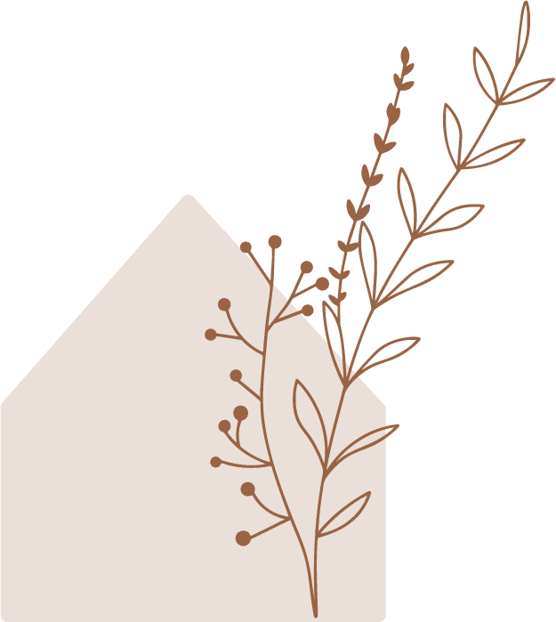 Minimalist brown house silhouette with leafy branches.