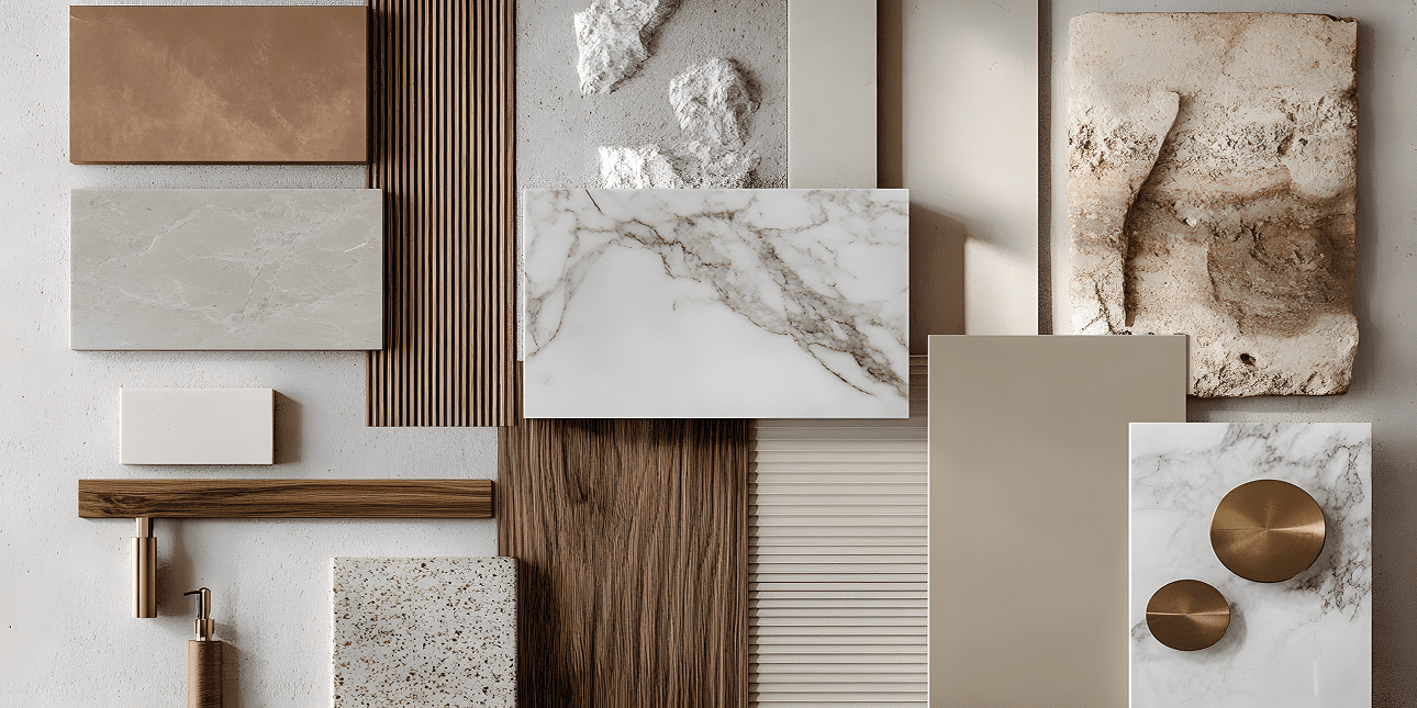 Assorted textured tiles and materials display.